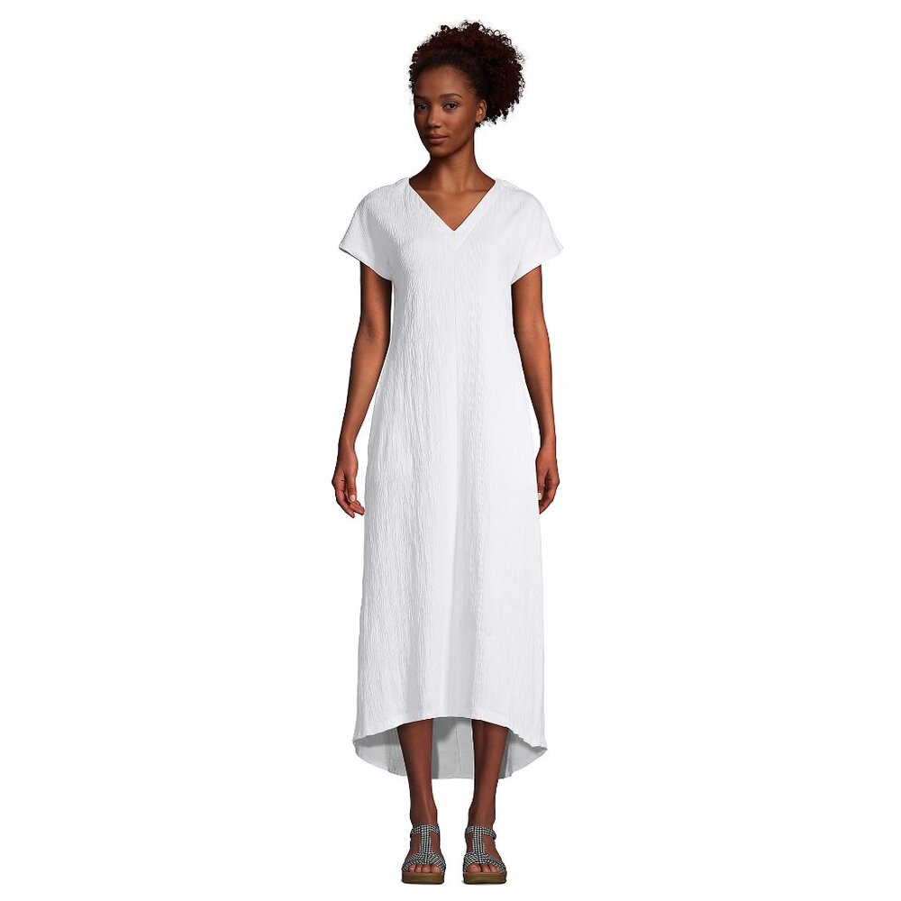 Lands' End V Neck Short Sleeve Caftan White Cotton Midi Dress Kaftan maxi size S
